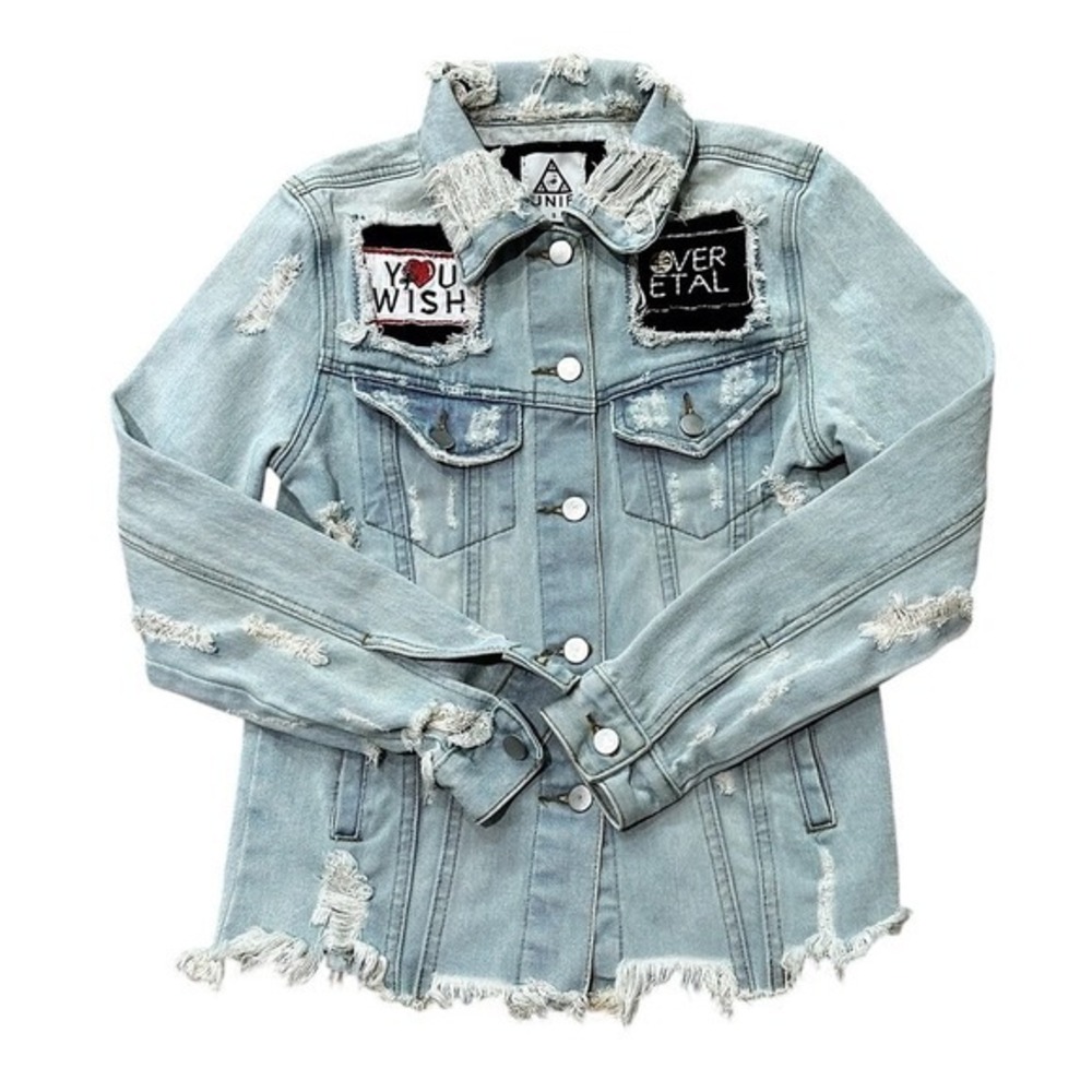 UNIF 100% Cotton Fornever Distressed Light Wash Denim Jacket Grunge Punk | Sz S